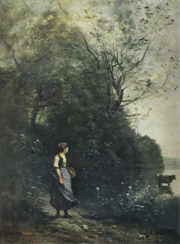 Jean Baptiste Camille  Corot Landscape with a peasant Girl grazing a Cow at the Edge of a Forest Sweden oil painting art
